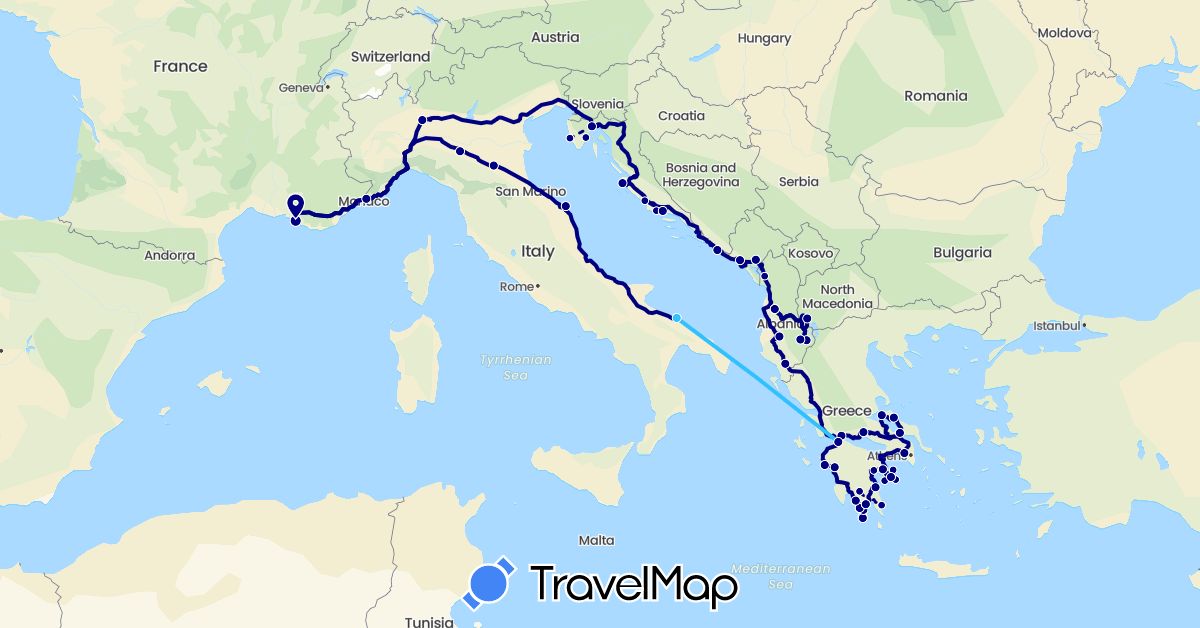 TravelMap itinerary: driving, boat in Albania, France, Greece, Croatia, Italy, Montenegro, Macedonia (Europe)